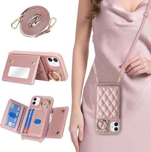 for iPhone 11 Case with Card Holder and Strap for Women,Crossbody Lanyard, Make Up Mirror,Ring Stand,Snap Clasp,Cute Phone Wallet Cases 6.1 inch - Dark Rose Gold in Saudi Arabia