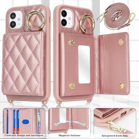 for iPhone 11 Case with Card Holder and Strap for Women,Crossbody Lanyard, Make Up Mirror,Ring Stand,Snap Clasp,Cute Phone Wallet Cases 6.1 inch - Dark Rose Gold in Saudi Arabia