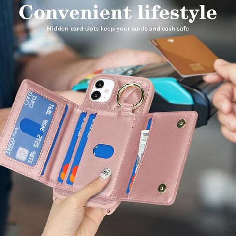 for iPhone 11 Case with Card Holder and Strap for Women,Crossbody Lanyard, Make Up Mirror,Ring Stand,Snap Clasp,Cute Phone Wallet Cases 6.1 inch - Dark Rose Gold in Saudi Arabia