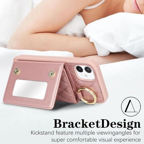 for iPhone 11 Case with Card Holder and Strap for Women,Crossbody Lanyard, Make Up Mirror,Ring Stand,Snap Clasp,Cute Phone Wallet Cases 6.1 inch - Dark Rose Gold in Saudi Arabia