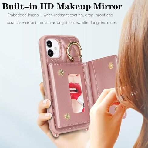 for iPhone 11 Case with Card Holder and Strap for Women,Crossbody Lanyard, Make Up Mirror,Ring Stand,Snap Clasp,Cute Phone Wallet Cases 6.1 inch - Dark Rose Gold in Saudi Arabia