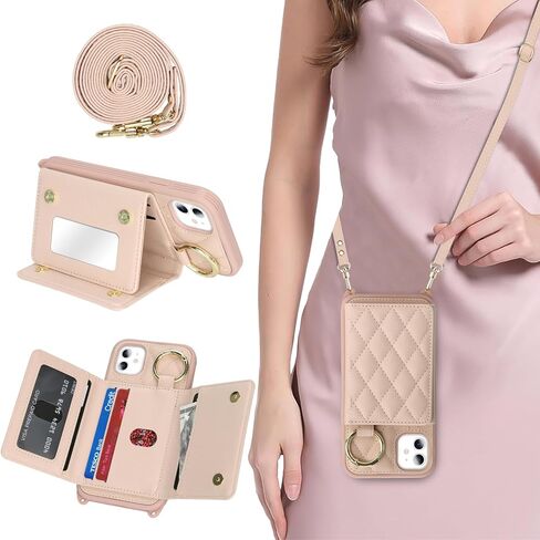 for iPhone 11 Case with Card Holder and Strap for Women,Crossbody Lanyard, Make Up Mirror,Ring Stand,Snap Clasp,Cute Phone Wallet Cases 6.1 inch - Dark Rose Gold in Saudi Arabia