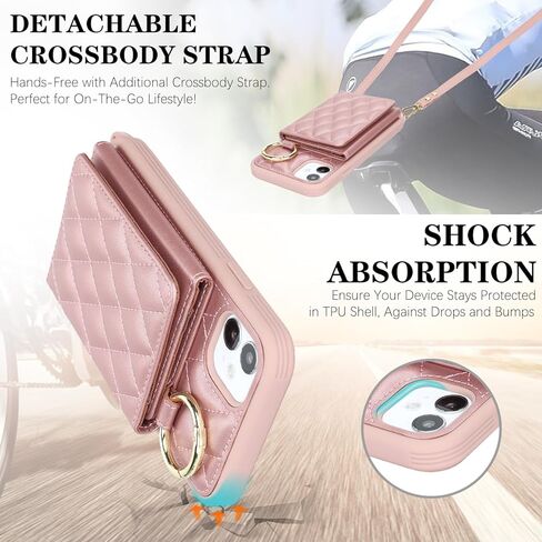 for iPhone 11 Case with Card Holder and Strap for Women,Crossbody Lanyard, Make Up Mirror,Ring Stand,Snap Clasp,Cute Phone Wallet Cases 6.1 inch - Dark Rose Gold in Saudi Arabia