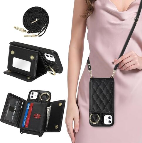 for iPhone 11 Case with Card Holder and Strap for Women,Crossbody Lanyard, Make Up Mirror,Ring Stand,Snap Clasp,Cute Phone Wallet Cases 6.1 inch - Dark Rose Gold in Saudi Arabia