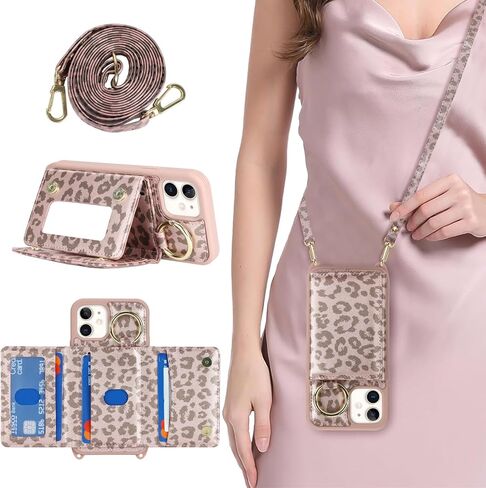 for iPhone 11 Case with Card Holder and Strap for Women,Crossbody Lanyard, Make Up Mirror,Ring Stand,Snap Clasp,Cute Phone Wallet Cases 6.1 inch - Dark Rose Gold in Saudi Arabia