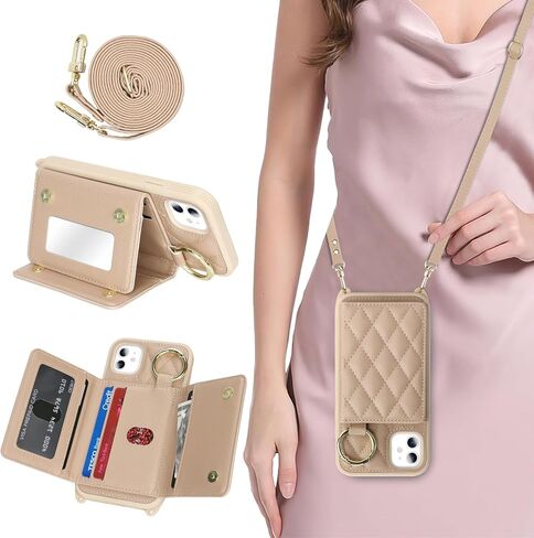 for iPhone 11 Case with Card Holder and Strap for Women,Crossbody Lanyard, Make Up Mirror,Ring Stand,Snap Clasp,Cute Phone Wallet Cases 6.1 inch - Dark Rose Gold in Saudi Arabia