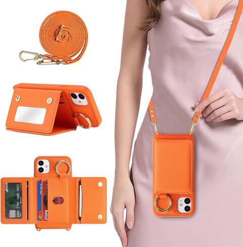 for iPhone 11 Case with Card Holder and Strap for Women,Crossbody Lanyard, Make Up Mirror,Ring Stand,Snap Clasp,Cute Phone Wallet Cases 6.1 inch - Dark Rose Gold in Saudi Arabia