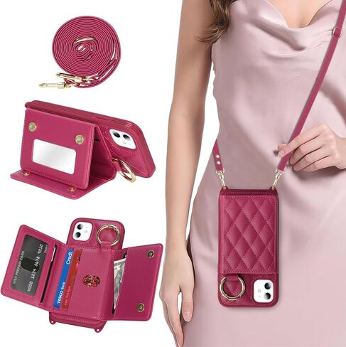 for iPhone 11 Case with Card Holder and Strap for Women,Crossbody Lanyard, Make Up Mirror,Ring Stand,Snap Clasp,Cute Phone Wallet Cases 6.1 inch - Dark Rose Gold in Saudi Arabia