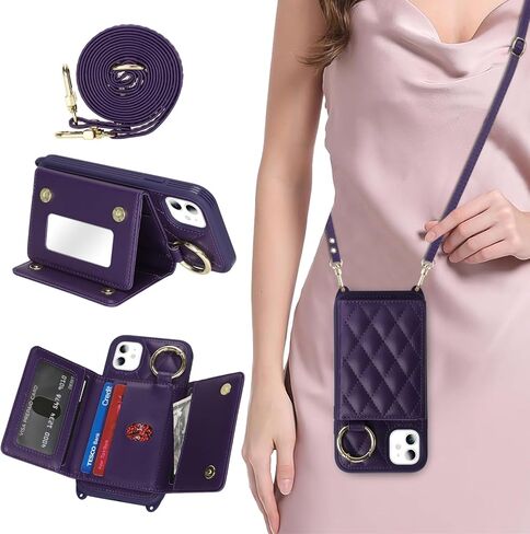 for iPhone 11 Case with Card Holder and Strap for Women,Crossbody Lanyard, Make Up Mirror,Ring Stand,Snap Clasp,Cute Phone Wallet Cases 6.1 inch - Dark Rose Gold in Saudi Arabia