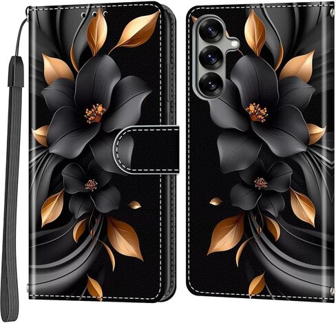 Case Wallet for Samsung Galaxy S25/S24, [Kickstand] 3 Card Holder Stand [Shockproof TPU Interior Shell], PU Leather Magnetic Protective Flip Cover 6.2", Black Flower in Kuwait