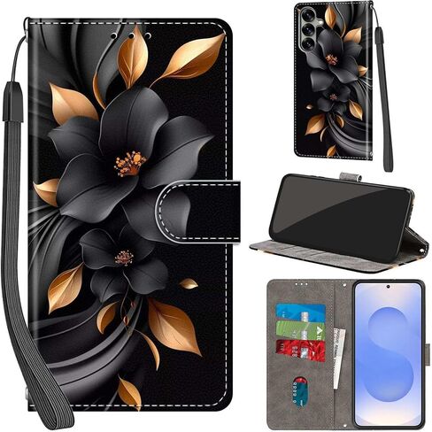 Case Wallet for Samsung Galaxy S25/S24, [Kickstand] 3 Card Holder Stand [Shockproof TPU Interior Shell], PU Leather Magnetic Protective Flip Cover 6.2", Black Flower in Kuwait
