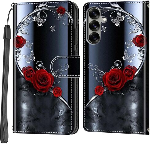 Case Wallet for Samsung Galaxy S25/S24, [Kickstand] 3 Card Holder Stand [Shockproof TPU Interior Shell], PU Leather Magnetic Protective Flip Cover 6.2", Black Flower in Kuwait