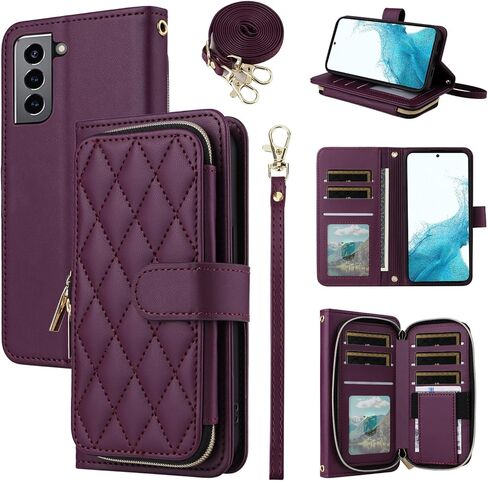 Wallet Case for Samsung Galaxy S21 5G 6.2 inch with Wrist Strap 9+ Card Slots Zipper Purse Luxury PU Leather Stand Full Body Accessories Cell Phone Cover for S 21 21S G5 Women Girls Deep Purple in Kuwait