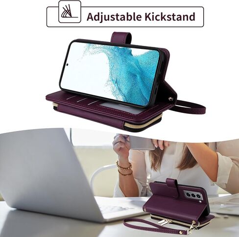 Wallet Case for Samsung Galaxy S21 5G 6.2 inch with Wrist Strap 9+ Card Slots Zipper Purse Luxury PU Leather Stand Full Body Accessories Cell Phone Cover for S 21 21S G5 Women Girls Deep Purple in Kuwait