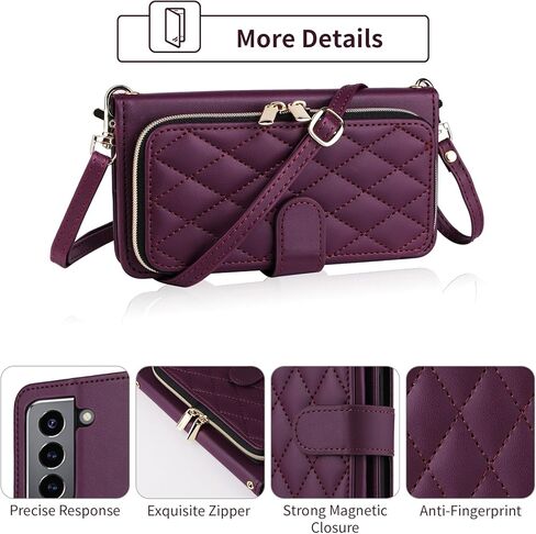 Wallet Case for Samsung Galaxy S21 5G 6.2 inch with Wrist Strap 9+ Card Slots Zipper Purse Luxury PU Leather Stand Full Body Accessories Cell Phone Cover for S 21 21S G5 Women Girls Deep Purple in Kuwait