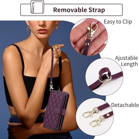 Wallet Case for Samsung Galaxy S21 5G 6.2 inch with Wrist Strap 9+ Card Slots Zipper Purse Luxury PU Leather Stand Full Body Accessories Cell Phone Cover for S 21 21S G5 Women Girls Deep Purple in Kuwait