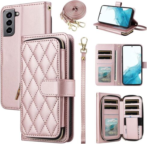 Wallet Case for Samsung Galaxy S21 5G 6.2 inch with Wrist Strap 9+ Card Slots Zipper Purse Luxury PU Leather Stand Full Body Accessories Cell Phone Cover for S 21 21S G5 Women Girls Deep Purple in Kuwait