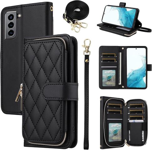 Wallet Case for Samsung Galaxy S21 5G 6.2 inch with Wrist Strap 9+ Card Slots Zipper Purse Luxury PU Leather Stand Full Body Accessories Cell Phone Cover for S 21 21S G5 Women Girls Deep Purple in Kuwait