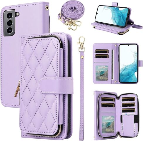 Wallet Case for Samsung Galaxy S21 5G 6.2 inch with Wrist Strap 9+ Card Slots Zipper Purse Luxury PU Leather Stand Full Body Accessories Cell Phone Cover for S 21 21S G5 Women Girls Deep Purple in Kuwait