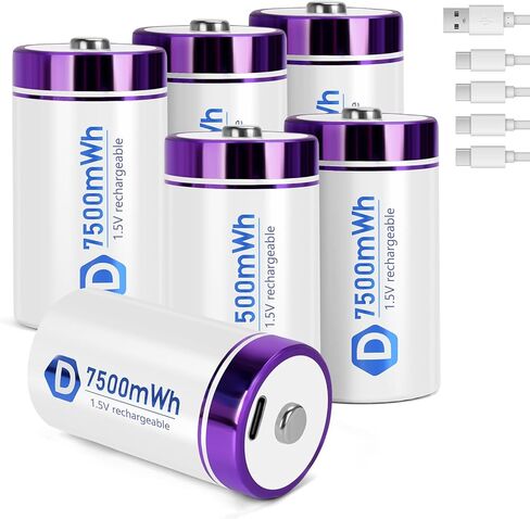 Rechargeable Lithium D Batteries with 4 in 1 USB-C Charge Cables,6 Pack D Cell Li-ion Battries,LR20 1.5V D Size Cell Battery Replacement 7500mWh for Floodlight(6 Pcs) in Saudi Arabia