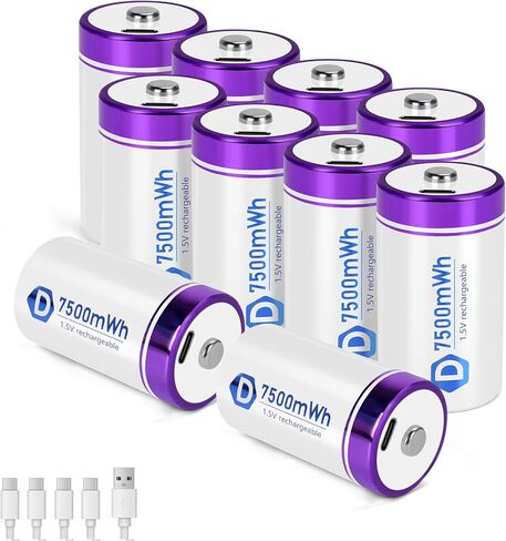 بطاريات ليثيوم D قابلة لإعادة الشحن مع كابلات شحن USB-C 4 في 1، 6 بطاريات ليثيوم أيون خلية D، استبدال بطارية خلية مقاس LR20 1.5 فولت D 7500 مللي واط في الساعة للضوء الكاشف (6 قطع) in Kuwait