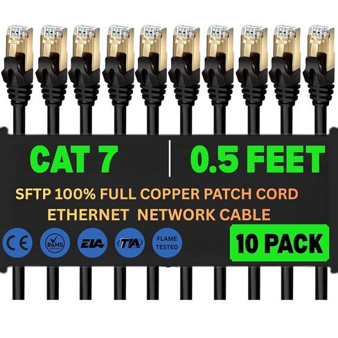 سلك تصحيح Cat7 SFTP Ethernet - كابل LAN نحاسي نقي 100%، مزدوج الحماية (رقائق معدنية + جديلة)، تم اختباره على شكل فلوك (3 أقدام - 10 عبوات) in Kuwait