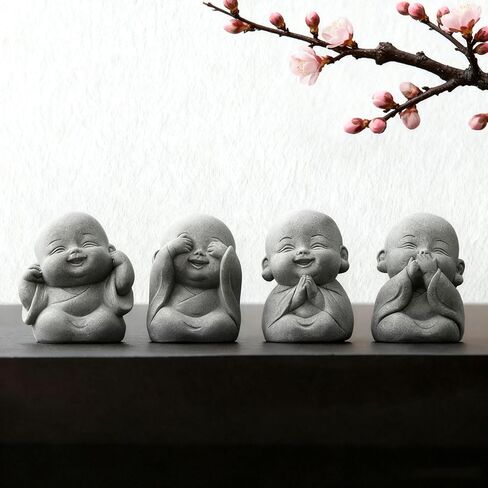 4Pcs Baby Buddha Statue Set - 2 Inch Mini Zen Monk Sandstone Figurines for Spiritual Decor, Feng Shui, Car Dashboard, Office Desk, Home & Living Room Decor with Blessing Amulet in Saudi Arabia