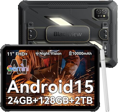تابلت بلاك فيو المتين اكتيف 7 2026، IP68/IP69K مقاوم للماء أندرويد 15، 11 بوصة تابلت أندرويد مع 24 جيجابايت رام + 128 جيجابايت روم، NFC، 10000 مللي أمبير 45 وات، 5 جيجا واي فاي، 120 هرتز، رؤية ليلية، أسود in Saudi Arabia