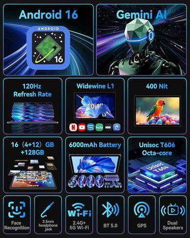 تابلت 10.1 بوصة يعمل بنظام Android 16 مزود بشاشة Gemini AI 丨 120 هرتز HD داخل الخلية 丨 16(4+12) GB RAM 128GB ROM 1TB TF 丨Octa-Core 丨Widewine L1 丨2.4G/5G WiFi+BT 5.0+GPS 丨6000mAh 丨Bpad 10 SE in Kuwait
