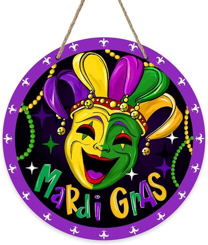 Bolisom Welcome Mardi Gras Front Door Sign, New Orleans Carnival Mask Fleur De Lis Wood Hanger Outdoor Outside Porch Home Decor, Mason Jar Masquerade Party Wooden Wreath Indoor Wall Hanging Decoration in Saudi Arabia