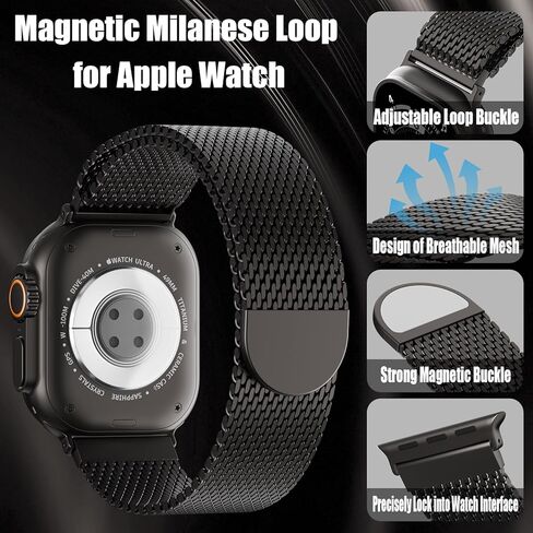 حلقة ميلانو شبكية مغناطيسية متوافقة مع سوار ساعة Apple 49 مم 46 مم 45 مم 44 مم 42 مم 41 مم 40 مم 38 مم للرجال والنساء، حزام معدني من الفولاذ المقاوم للصدأ لسلسلة iWatch Ultra 3/2/1 11 10 9 8 7 6 5 4 SE in Kuwait