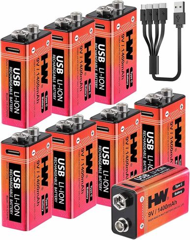 HW 9 Volt Batteries 4 Pack, 1400mAh Rechargeable Lithium Battery 9V with USB C Fast Charging Cable, 1600+ Cycles Square Baterias for Smoke Detectors, Fire Alarms, Remote Controls, Clocks and More in Saudi Arabia