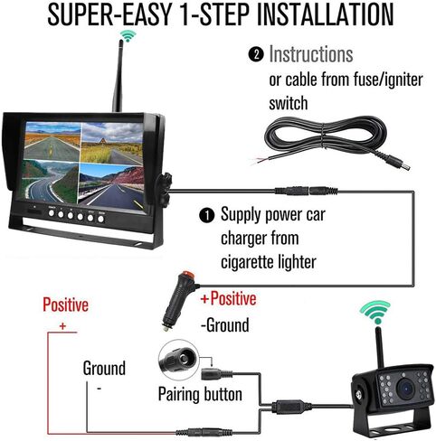 EVERSECU 4pcs Digital HD 1080P Wireless Car Backup Camera with 9 inch 4ch Quad Display Monitor/Car DVR/Dash Monitor/Vehicle Video Recorder for RV/SUV/Van/Pickup/Truck/Trailer Rear/Side/Front View in Saudi Arabia