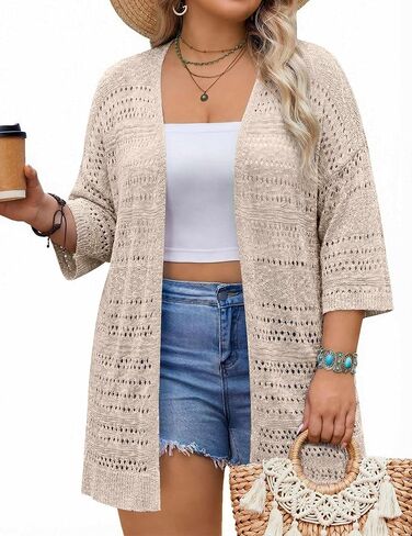 IN'VOLAND Plus Size 3/4 Sleeve Crochet Cardigan for Women Summer Lightweight Kimono Boho Open Front Knitted Cardigans in Saudi Arabia