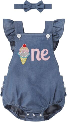 ODASDO Baby Girl Denim Romper 1st Birthday Cake Smash Outfit Ruffled Bodysuit Summer Jeans Jumpsuit with Headband in Saudi Arabia