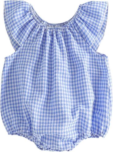 Karuedoo Newborn Infant Baby Girl Clothes Gingham Ruffle Sleeve Bubble Romper Plaid Bodysuit One Piece Summer Outfit in Saudi Arabia