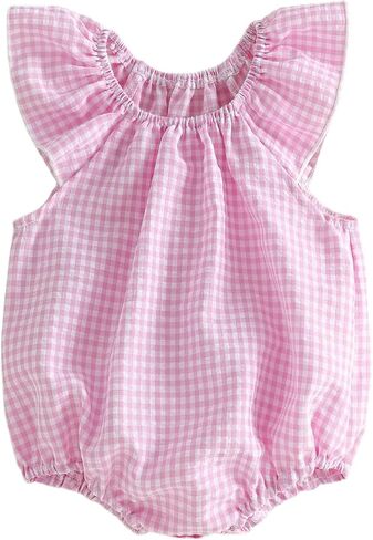 Karuedoo Newborn Infant Baby Girl Clothes Gingham Ruffle Sleeve Bubble Romper Plaid Bodysuit One Piece Summer Outfit in Saudi Arabia