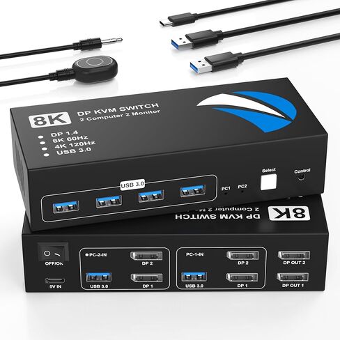 8K @ 60 هرتز KVM Switch 2 شاشات 2 منفذ عرض كمبيوتر، مفاتيح KVM شاشة مزدوجة مع 4 منافذ USB 3.0 مشاركة لوحة مفاتيح وماوس، مفتاح كمبيوتر لجهازي كمبيوتر، مفتاح Displayport 2 في 2 خارج in Kuwait