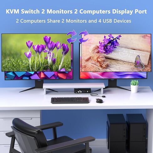 8K @ 60 هرتز KVM Switch 2 شاشات 2 منفذ عرض كمبيوتر، مفاتيح KVM شاشة مزدوجة مع 4 منافذ USB 3.0 مشاركة لوحة مفاتيح وماوس، مفتاح كمبيوتر لجهازي كمبيوتر، مفتاح Displayport 2 في 2 خارج in Kuwait