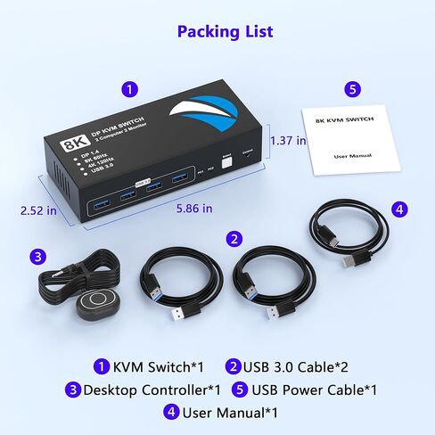 8K @ 60 هرتز KVM Switch 2 شاشات 2 منفذ عرض كمبيوتر، مفاتيح KVM شاشة مزدوجة مع 4 منافذ USB 3.0 مشاركة لوحة مفاتيح وماوس، مفتاح كمبيوتر لجهازي كمبيوتر، مفتاح Displayport 2 في 2 خارج in Kuwait