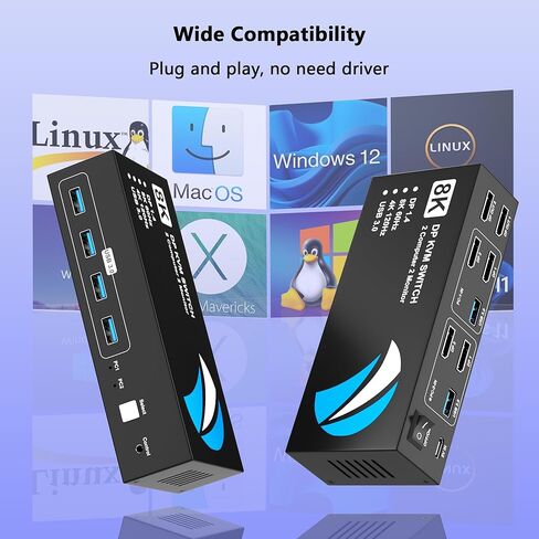 8K @ 60 هرتز KVM Switch 2 شاشات 2 منفذ عرض كمبيوتر، مفاتيح KVM شاشة مزدوجة مع 4 منافذ USB 3.0 مشاركة لوحة مفاتيح وماوس، مفتاح كمبيوتر لجهازي كمبيوتر، مفتاح Displayport 2 في 2 خارج in Kuwait
