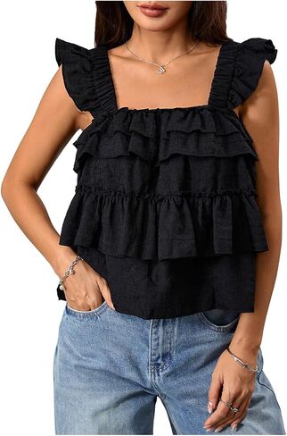 SweatyRocks Women's Layered Ruffle Hem Blouses Cap Sleeve Square Neck Summer Babydoll Peplum Tops in Saudi Arabia