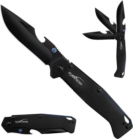 ALBATROSS FK050 سكين جيب قابل للطي رفيع للغاية من الفولاذ المقاوم للصدأ مع فتاحة زجاجات، مقبض 4.5 بوصة، شفرة 3.25 بوصة، إجمالي 7.75 بوصة (أسود) in Kuwait