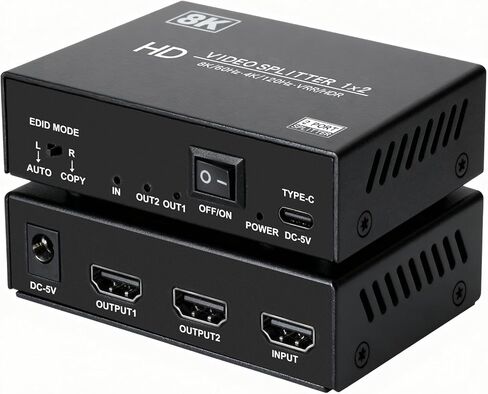 مقسم HDMI 8K 1 في 2 خارج 4k@120 هرتز 1x2 hdmi 2.1 مقسم للشاشات المزدوجة (غير ممتد) يدعم 8k@60 هرتز، 4:4:4,48 جيجابت في الثانية، EDID، مقياس سفلي تلقائي، HDCP 2.3، VRR، HDR10+ لـ PS5، الكمبيوتر المحمول، HDTV، جهاز العرض in Kuwait