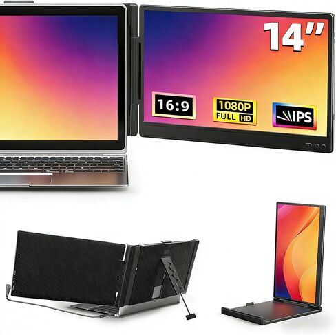 موسع شاشة الكمبيوتر المحمول 14 بوصة - ترقية 1080P FHD IPS المزدوجة شاشة كمبيوتر محمول موسع التوصيل والتشغيل شاشة محمولة مع حامل قابل للتعديل متوافق مع أجهزة الكمبيوتر المحمولة التي تعمل بنظام Windows Mac Chrome 13 بوصة - 17 بوصة in Kuwait