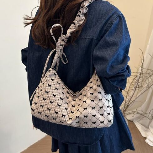 Korean Style Canvas Shoulder Bag – Lazy Chic Bow Tote for Women, Large Capacity Crossbody and Underarm Bag for Daily Commute in Saudi Arabia