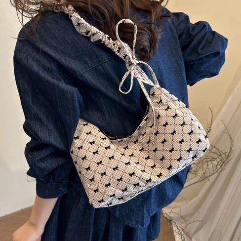 Korean Style Canvas Shoulder Bag – Lazy Chic Bow Tote for Women, Large Capacity Crossbody and Underarm Bag for Daily Commute in Saudi Arabia