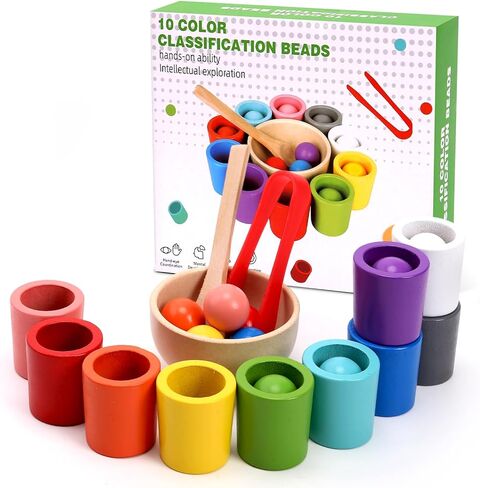 Color Sorting Toys, Wooden Montessori Rainbow Matching Game for Kids 3+ | 10 sorting cups, wooden rainbow balls, wooden spoon, plastic tongs, storage box, for color matching and fine motor play in Kuwait