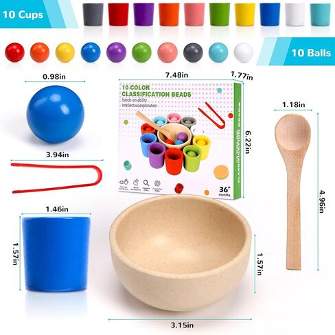 Color Sorting Toys, Wooden Montessori Rainbow Matching Game for Kids 3+ | 10 sorting cups, wooden rainbow balls, wooden spoon, plastic tongs, storage box, for color matching and fine motor play in Kuwait