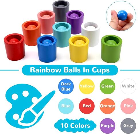 Color Sorting Toys, Wooden Montessori Rainbow Matching Game for Kids 3+ | 10 sorting cups, wooden rainbow balls, wooden spoon, plastic tongs, storage box, for color matching and fine motor play in Kuwait